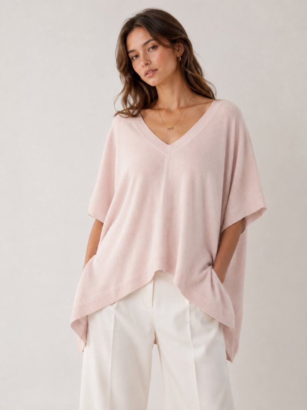 MINNIE ROSE 100% Cashmere Light Pink Poncho Sweater Quiet Luxury Capsule